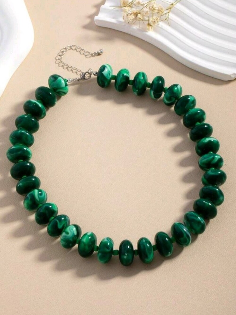 NEW! Stunning Green Marble Chunky Bead Statement Silver Necklace - Women Jewelry - Picture 2 of 5